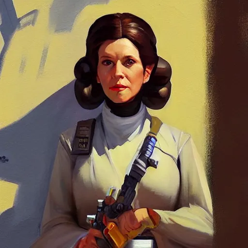 Image similar to greg manchess portrait painting of leia organa as overwatch character, medium shot, asymmetrical, profile picture, organic painting, sunny day, matte painting, bold shapes, hard edges, street art, trending on artstation, by huang guangjian and gil elvgren and sachin teng