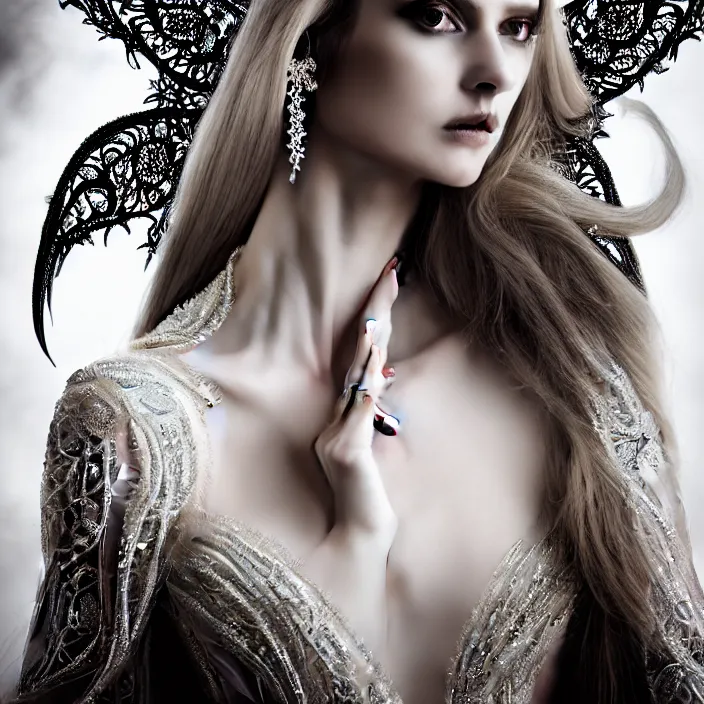 Prompt: photo portrait of a beautiful woman like a dark fallen angel, dressed in long elegant intricate ornamental white dress,intricate fractal ornament in the bust with a very long neck , , elegant, highly detailed intricate baroque ornament in her blond long hair, Realistic, Refined, Highly Detailed, Cinematic Lighting,, photo-realistic, 8K , fine art photography by Flora Borsi, volumetric lighting, pastel colors scheme , hyper realistic photography in style of Vogue Fashion magazine