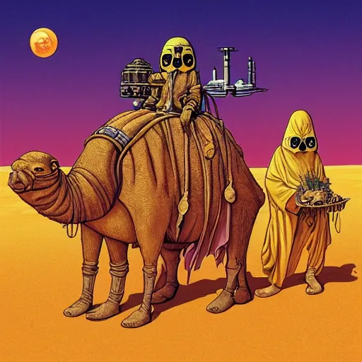 Image similar to several stoner merchants in robes with integrated bong gas mask appliances, trucking bales of herbs across an alien desert with camel-like creatures in tow. Album art by Arik Roper and Jean Giraud