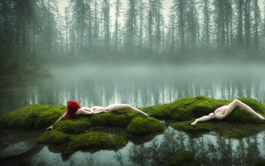 Prompt: little mermaid lying on a rock in a pond in the middle of the forest, fir trees, moss, fog, dramatic atmosphere, highly detailed, cinematic lighting, perfect composition artem demura