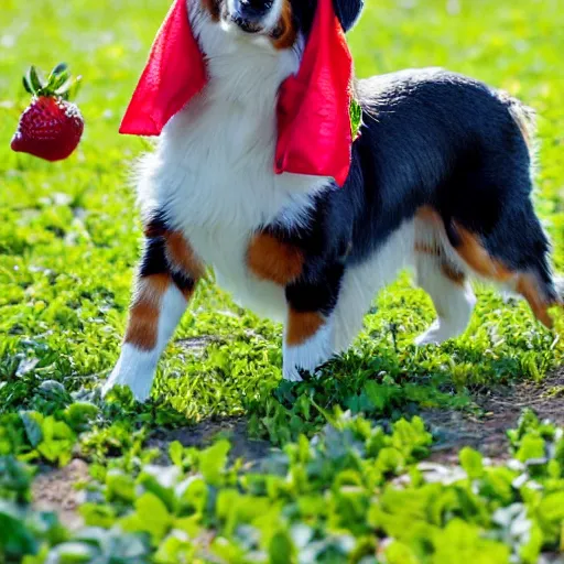 Image similar to a mini australian shepard wearing rubber boots while picking strawberries