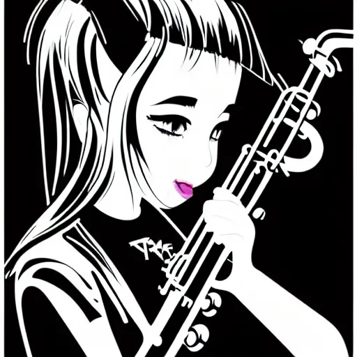 Image similar to an ink drawing of a tech punk girl playing the saxophone by ilya kuvshinov, black and white, white outline, high contrast