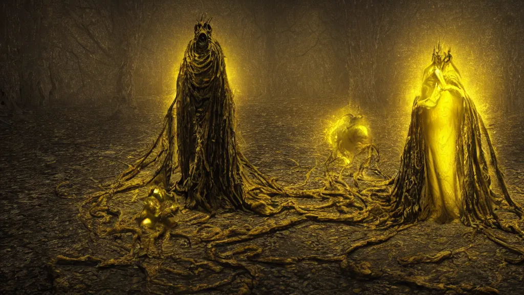 Image similar to King in yellow, horror, eldritch, 8K, concept art, DSLR, filmic, HDR, hyperrealism, Unreal Engine, volumetric lighting, Darkart