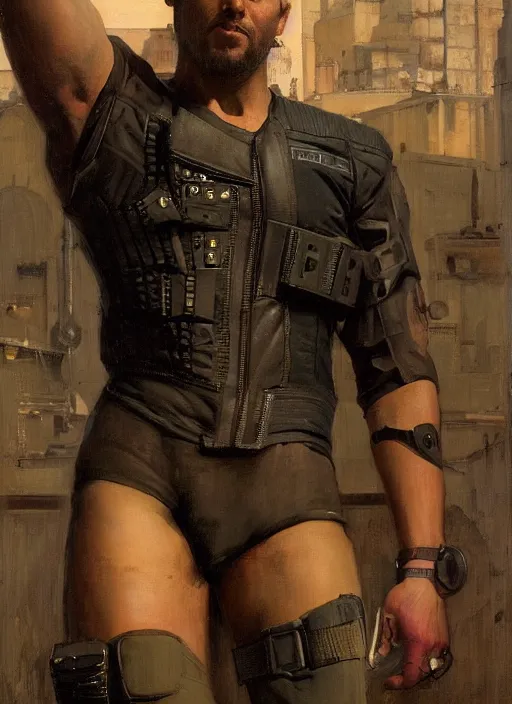 Image similar to big mike. cyberpunk gymnast wearing a military vest and combat gear. (Cyberpunk 2077, bladerunner 2049). Round face. Iranian orientalist portrait by john william waterhouse and Edwin Longsden Long and Theodore Ralli and Nasreddine Dinet, oil on canvas. Cinematic, hyper realism, realistic proportions, dramatic lighting, high detail 4k