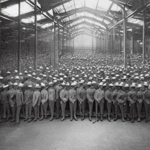 Image similar to grainy 1910s photo of a IT nerd army standing unused inside a warehouse