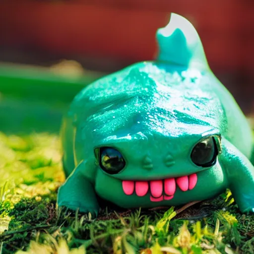 Prompt: Bulbasaur sunbathing and wearing sunglasses