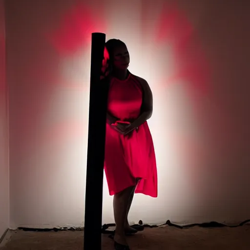 Image similar to A man stands in a black room with one source of light from a lantern it is pink, a woman stands in the dark in a red dress with a slit on her leg, Francis style