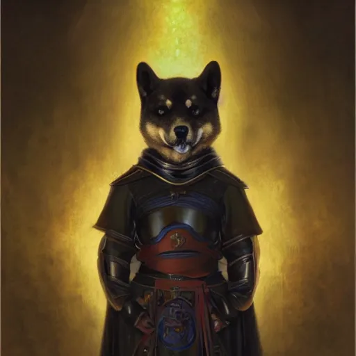 Image similar to holy knight black armor, anthropomorphic shiba inu, shiba inu face, stuning 3 d render, masterpiece, glowing holy aura, by donato giancola and greg rutkowski and wayne barlow and zdzisław beksinski, realistic face