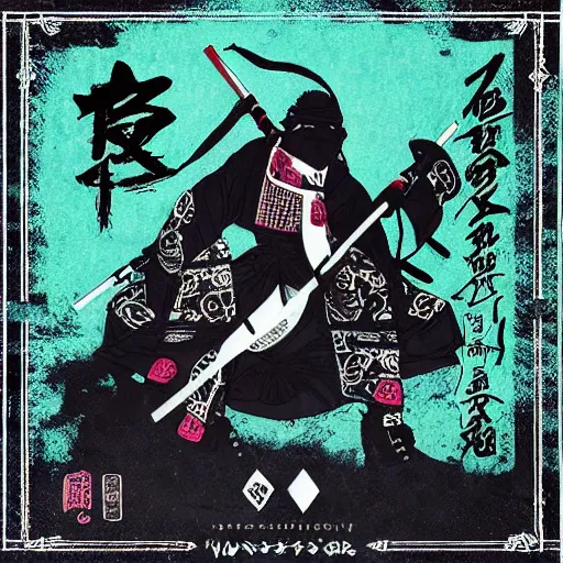 Image similar to samurai ninja random japanese words in the turquoise and black color as scarlxrd album cover