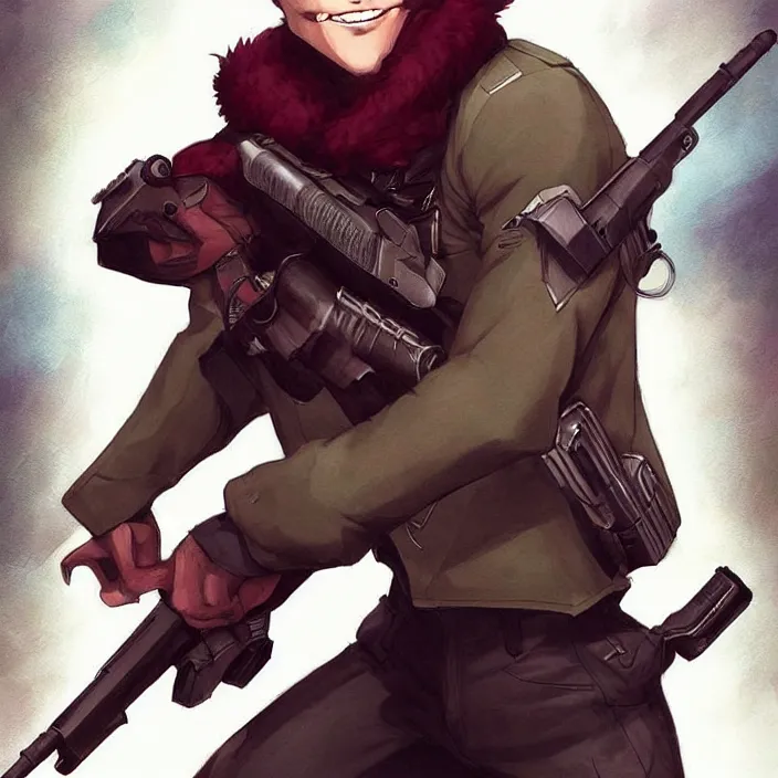 Image similar to beautiful portrait commission of a male furry anthro!!! half-bat half-shark wearing military clothes and a maroon beret. Active Warzone with guns and explosions Atmospheric. Character design by charlie bowater, ross tran, artgerm, and makoto shinkai, detailed, inked, western comic book art
