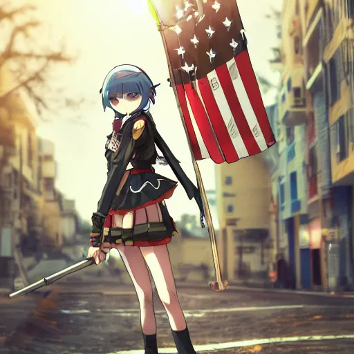 Image similar to anime girl marching on a pavement road with a flag and steampunk weapons and armor, finely detailed, beautiful, serious, cinematic lighting, golden hour, buildings, long brown hair, brown eyes, reflective, sharp focus, anime,