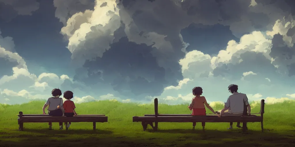 Image similar to animation key shot, a family with sorrow faces sitting on a bench, dramatic sky, close up shot, studio Ghibli, Pixar and Disney animation, sharp, Rendered Unreal Engine 5, film key art, Greg Rutkowski, Bloom, dramatic lighting