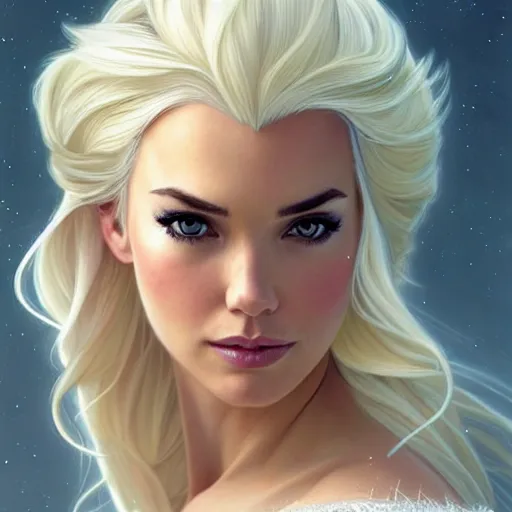 Image similar to Odette Annable with blonde hair as Elsa from Frozen, western, D&D, fantasy, intricate, elegant, highly detailed, digital painting, artstation, concept art, matte, sharp focus, illustration, art by Artgerm and Greg Rutkowski and Alphonse Mucha