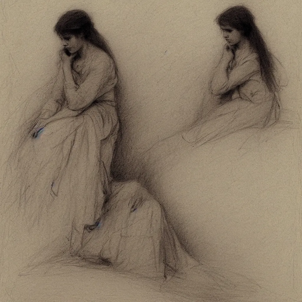 Image similar to a lonely girl by ilya repin. pencil sketch.