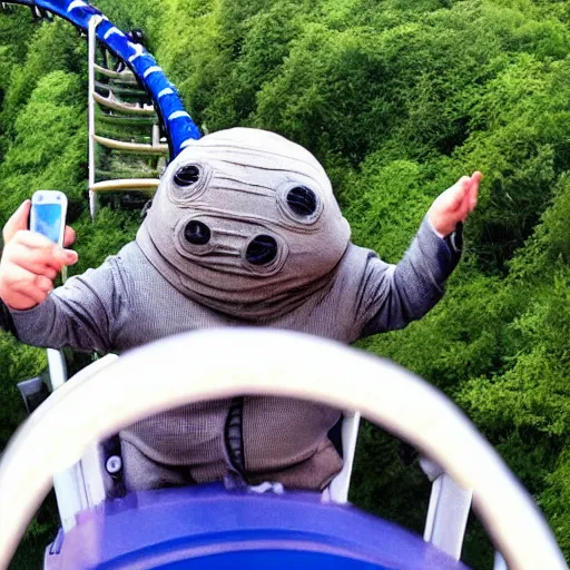 Prompt: selfie of an excited tardigrade riding a roller - coaster