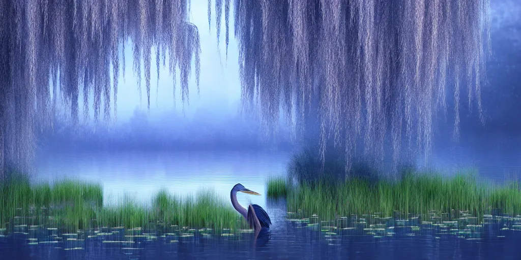 Prompt: a majestic blue heron in shallow river, willow trees, cherry blosom trees, lily pads, bullrushes, marsh, clouds, volumetric lighting, intricate, luminescent matte painting, highly detailed, artstation