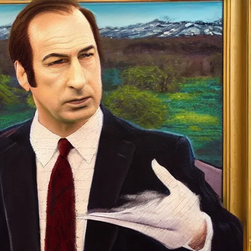 Image similar to an oil painting of saul goodman dressed as a businessman, pastel, art masterpiece, museum, on display