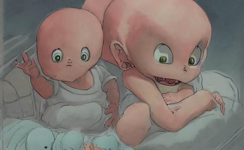 Prompt: the cute demon baby awoke from its slumber beneath the bed frame, digital painting masterpiece, haunting beautiful brush strokes, painted by Moebius and Hayao Miyazaki and Akira Toriyama