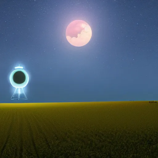 Image similar to ufo landing in an open farm field blue glow, illustration artstation 4k
