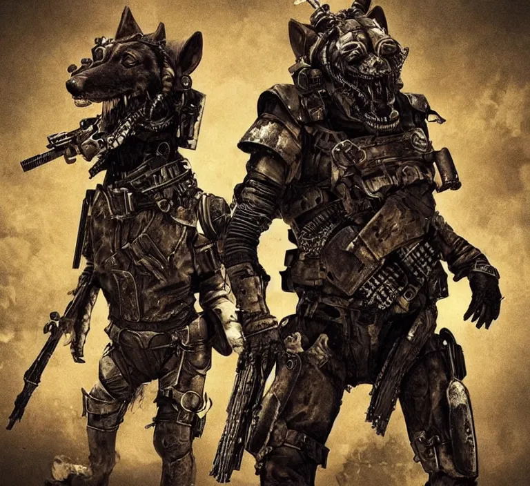 Image similar to a good ol'hound dog fursona ( from the furry fandom ), heavily armed and armored facing down armageddon in a dark and gritty version from the makers of mad max : fury road. witness me.