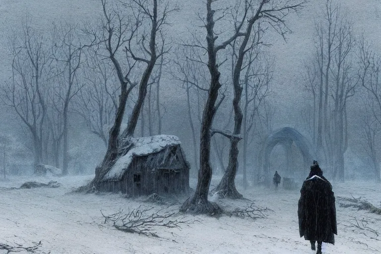 Image similar to A cloaked wanderer walking by the burnt husk of a cabin in a snowy landscape, matte oil painting, fantasy, exquisitely detailed, gothic, by Caspar David Friedrich and Makoto Shinkai