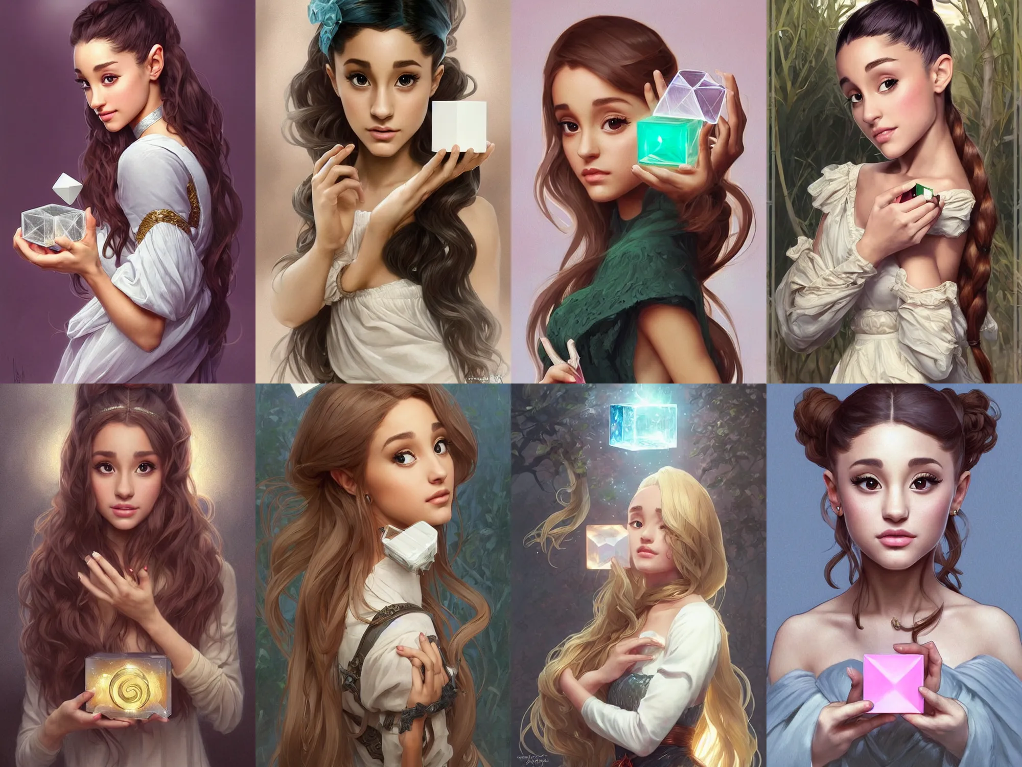 Prompt: beautiful cottagecore Ariana Grande holding a cube . ff4277. intricate, elegant. highly detailed, digital painting, artstation, concept art, smooth, sharp, focus, illustration. . art by artgerm and greg rutkowski and alphonse mucha
