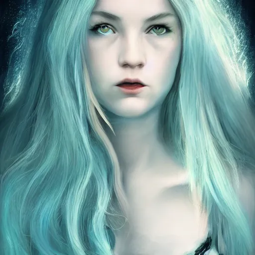 Image similar to The dragon girl portrait, portrait of young girl half dragon half human, dragon girl, dragon skin, dragon eyes, dragon crown, blue hair, long hair, highly detailed, cinematic lighting, Matte painting by David Lynch