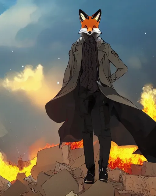 Image similar to a fox in a black trench - coat in front of a huge explosion in the middle of a war, style of anime