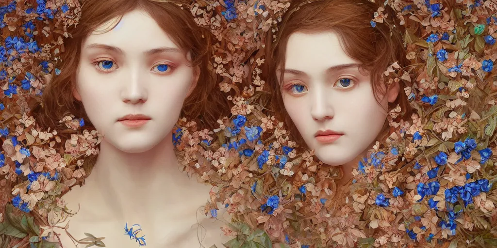 Image similar to breathtaking detailed concept art painting portrait of the goddess of nemophila flowers, orthodox saint, with anxious piercing eyes, ornate background, amalgamation of leaves and flowers, by hsiao - ron cheng, extremely moody lighting, 8 k