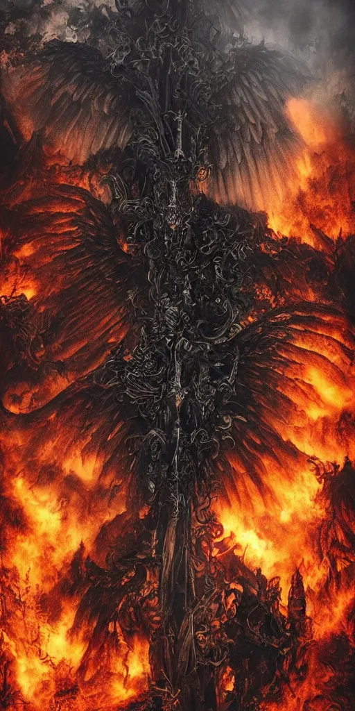 Image similar to extra wide view. Hell fire. angels with wings. marvellous magic. Ominous. Gothic medieval baroque. Dry ground cracks. Cinematic. Epic composition. Realistic cinematography. Hyper-detailed. 8k