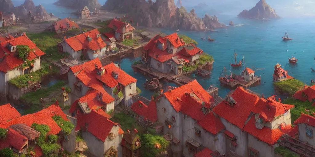 Image similar to Cozy small fantasy village on a cape, red roofs, fishing boats, view from above. In style of Greg Rutkowski, Jesper Ejsing, Makoto Shinkai, trending on ArtStation, fantasy, great composition, concept art, highly detailed, scenery, 8K, Behance.