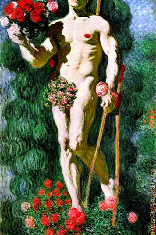 Image similar to the greek god hermes marched forward among the roses, monet, musha