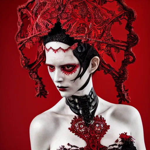 Image similar to a female harkonen model by stefan geselle and nekro borja, photorealistic, biomechanical, red lace, intricate details, hyper realistic, ornate headpiece, photorealistic, canon r 3, photography, wide shot, photography, dark beauty, symmetrical features