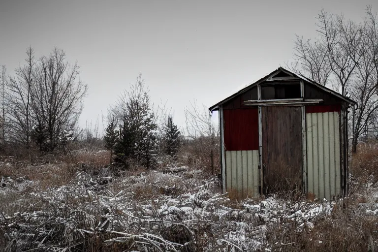 Prompt: An abandoned shed in a post-apocalyptic wasteland, overgrown, winter, snowy, 35 F June 12th 2432