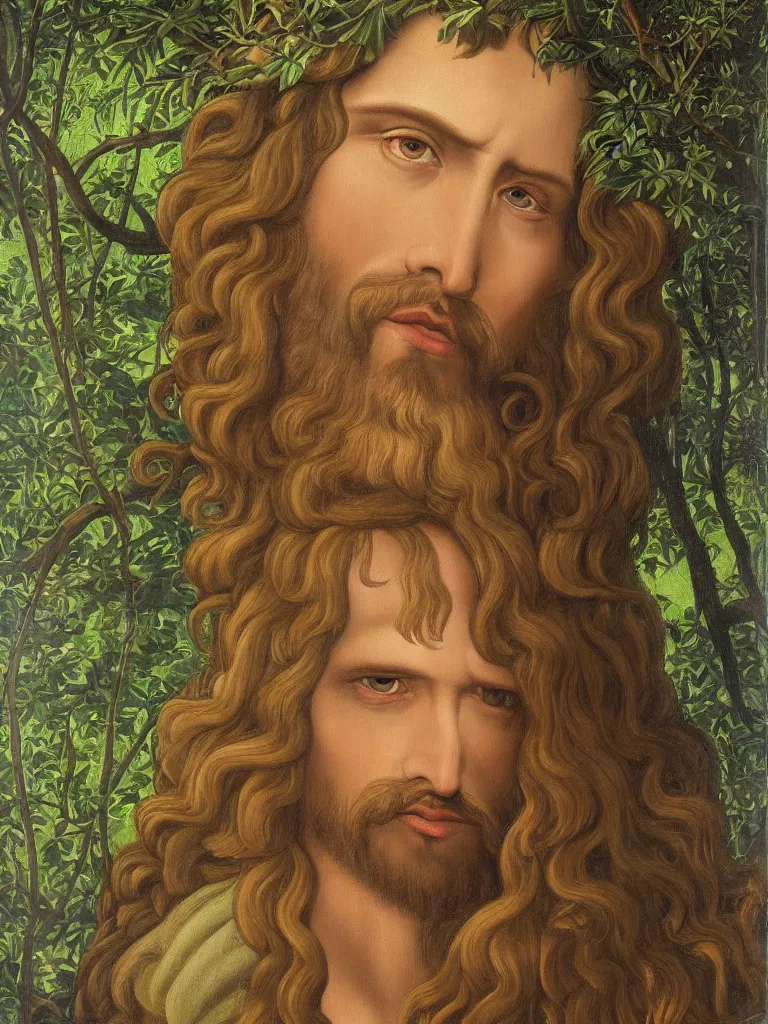 Image similar to Portrait of Jesus Christ as an elven king in a lush forest. Oil painting in the style of Botticelli. Fantasy art. 4k.