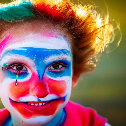 Image similar to A portrait of a girl who has face-painting like a clown smiling creepily. Depth of field. Lens flare