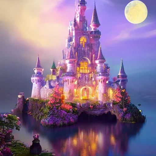 Prompt: a single glittering fairy castle at night, a full moon, water and colourful flowers, extremely detailed oil painting, unreal 5 render, fantasy digital art, octane render, beautiful composition, trending on artstation, award-winning photograph, masterpiece