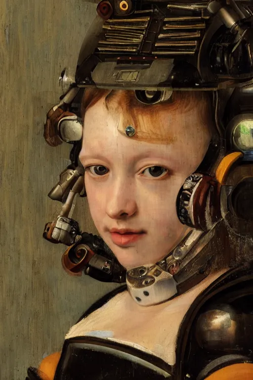 Image similar to a close - up portrait of a cyberpunk cyborg girl, by jan steen, rule of thirds