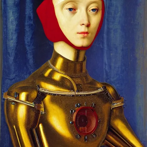 Image similar to a portrait of cyborg princess connected to a man-machine interface by Jan van Eyck, renaissance style