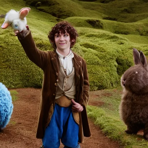 Image similar to a british lad as Bartook a teen hobbit with short curly dark brown hair wearing a blue vest with a white sash standing next to a giant rabbit, high resolution film still, movie by Peter Jackson