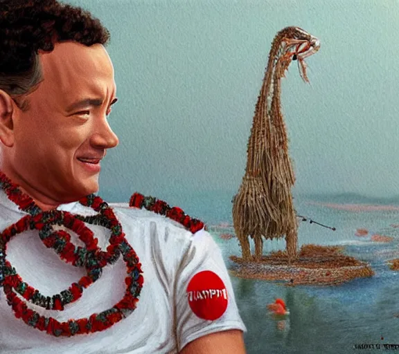 Image similar to Tom hanks as forrest gump wearing a necklace made out of shrimps, realistic face, digital art, in the style of Raphael Lacoste, amazing detail, artstation