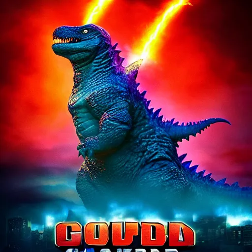 Image similar to barney the dinosaur stars in the new godzilla movie as godzilla, shooting lasers from his mouth at tokyo city, movie poster, blockbuster film, promotional