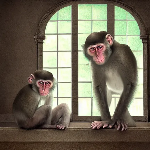 Image similar to two macaques looking at each other inside victorian mansion, digital art, soft shadows, creepy art, sun flare