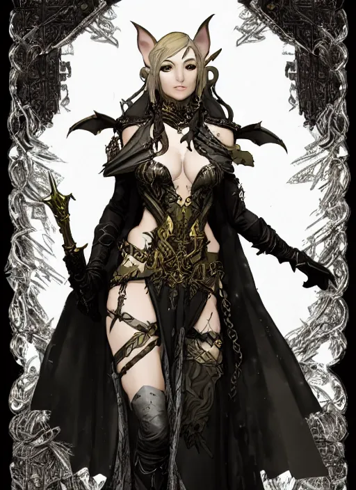 Image similar to Half body portrait of a smiling young beautiful elven female in ornate rogue attire. In style of Yoji Shinkawa and Hyung-tae Kim, trending on ArtStation, dark fantasy, great composition, concept art, highly detailed, dynamic pose.