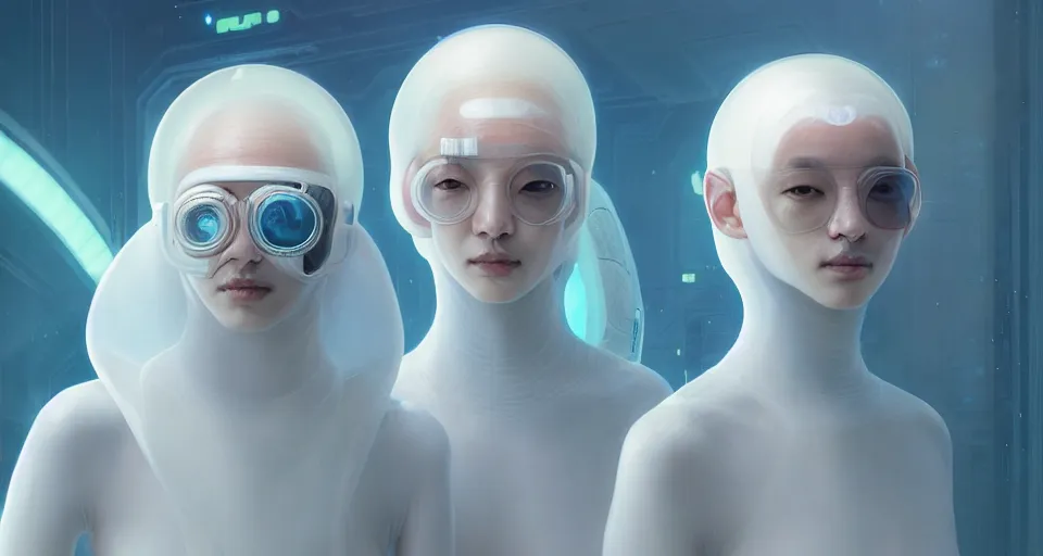 Image similar to portrait of yael shelbia and kang seul - gi, venus squid astronaut, burka, white hair, intricate design details. cyberpunk symmetrical facial, by ruan jia and beeple. smooth gradients, deep space.