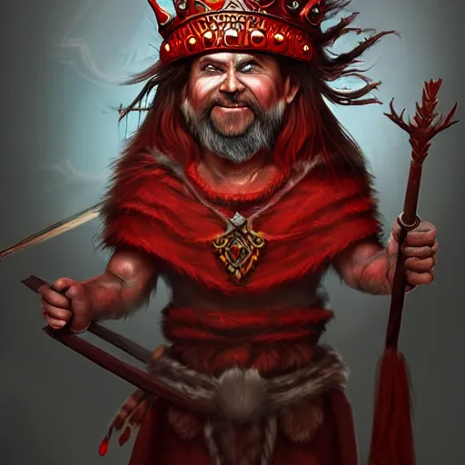 Prompt: DnD portrait of a shaman lord, wearing a red crown, red eyes, smiling viciously, holding intricately carved wooden staff, 4k, highly detailed, inspiring digital painting, trending on artstation