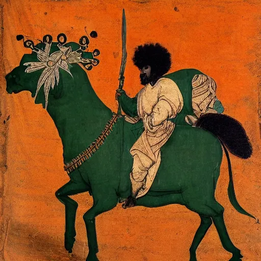 Prompt: black man with afro hair wearing an ( ( ( army green cloak ) ) ), riding an ( ( ( orange bull ) ) ), renaissance style painting