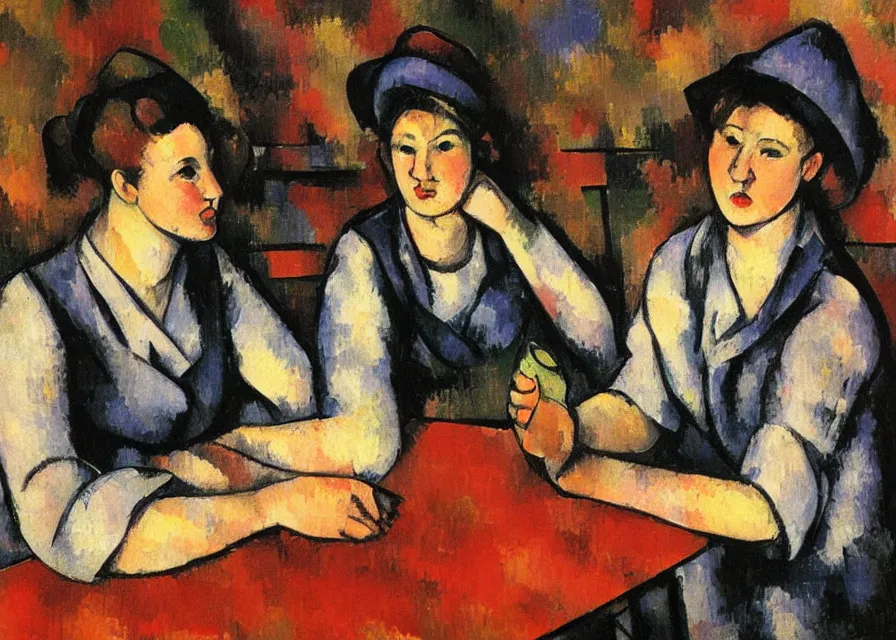 Prompt: in the style of paul cezanne. two hyperpop girls with black and neon clothes sitting at a wooden table in a bar looking at their phones. there is a bright red lamp hangig above the table. milkshakes. dim light. jouers des cates.