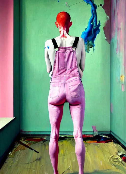 Image similar to an insane, skinny, artist wearing overalls, expressive painting the walls inside a grand messy studio, depth of field, hauntingly surreal, highly detailed painting by francis bacon, edward hopper, adrian ghenie, glenn brown, and james jean, soft light 4 k in pink, green and blue colour palette, cinematic composition,