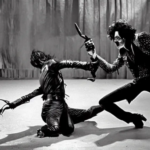 Image similar to Wdward Scissor-hands battling with Freddie Kreuger, cinematic hollywood action sequence, movie-still, gritty-thriller-action-horror